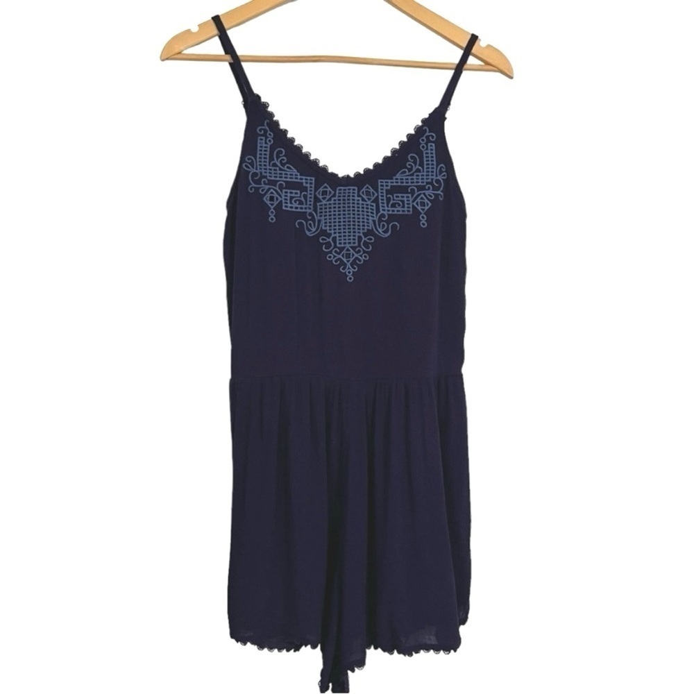 NWT Xhilaration Romper w/Adj. Spaghetti Straps & Embroidered Trim Navy Blue